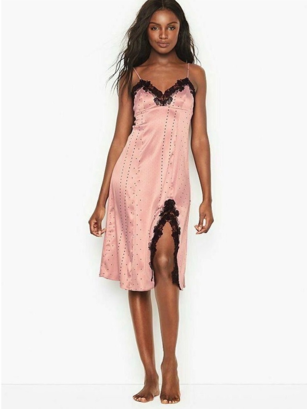 Victoria's Secret Dusty Pink Satin Slip with Black Lace Trim NEW never worn